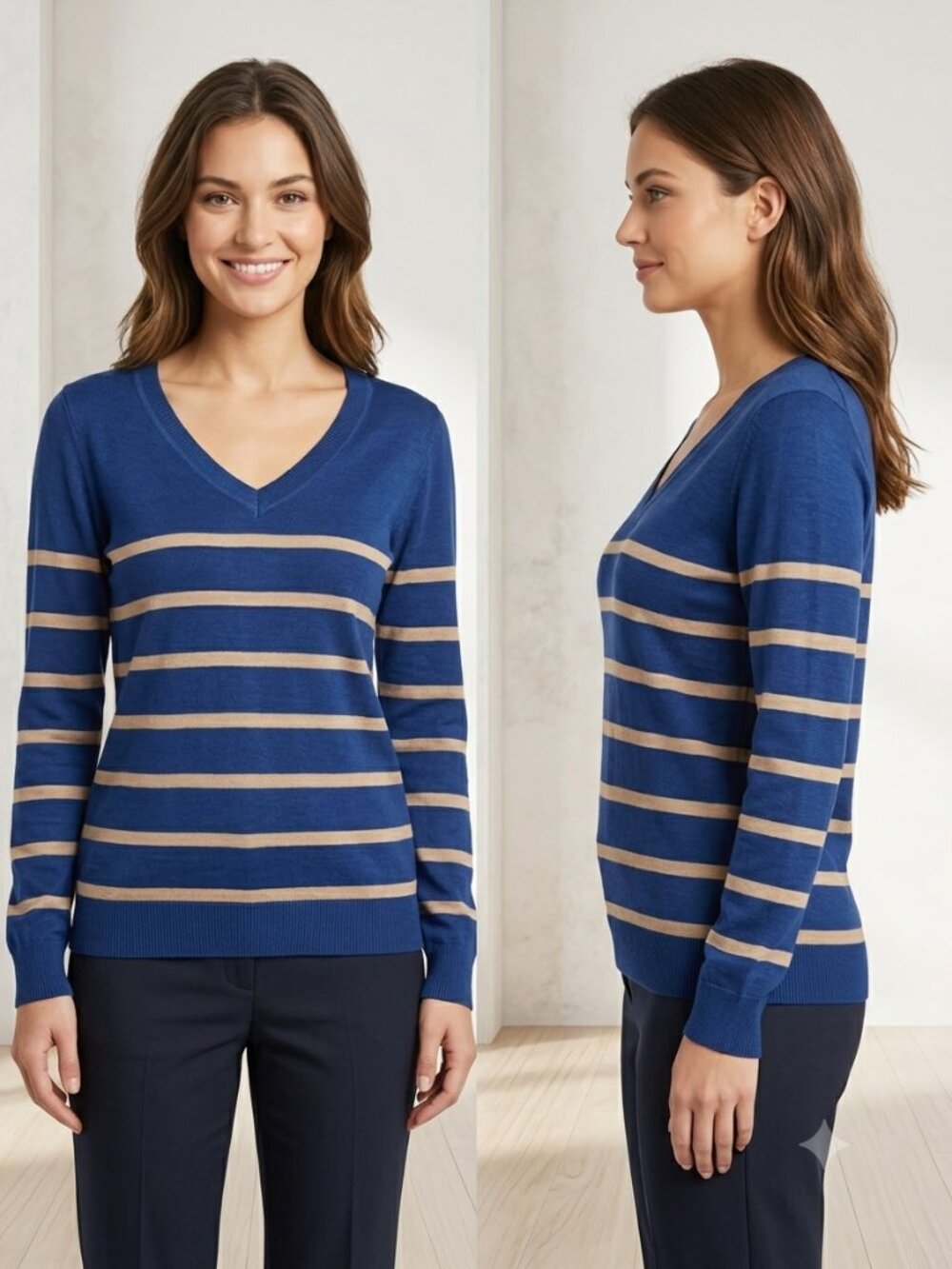 Forever21 V-Neck Blue Tan Striped Lightweight Pullover Sweater - Size Medium